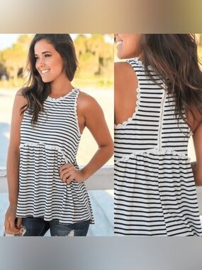POL Crochet Trim Striped Zip Back Tank Top Medium